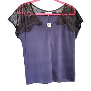 NWT Under Skies Blue and Black Lace Trim Blouse Sz S